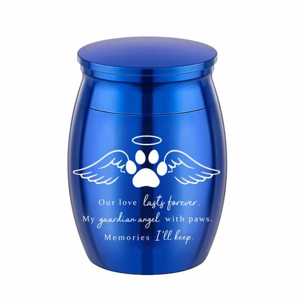 Blue urn with paw print design and text on a white background