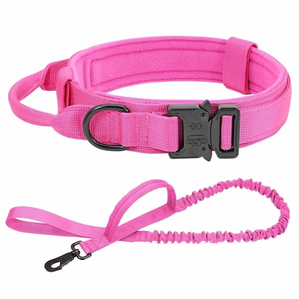 Pink dog tactical collar and leash set on a white background