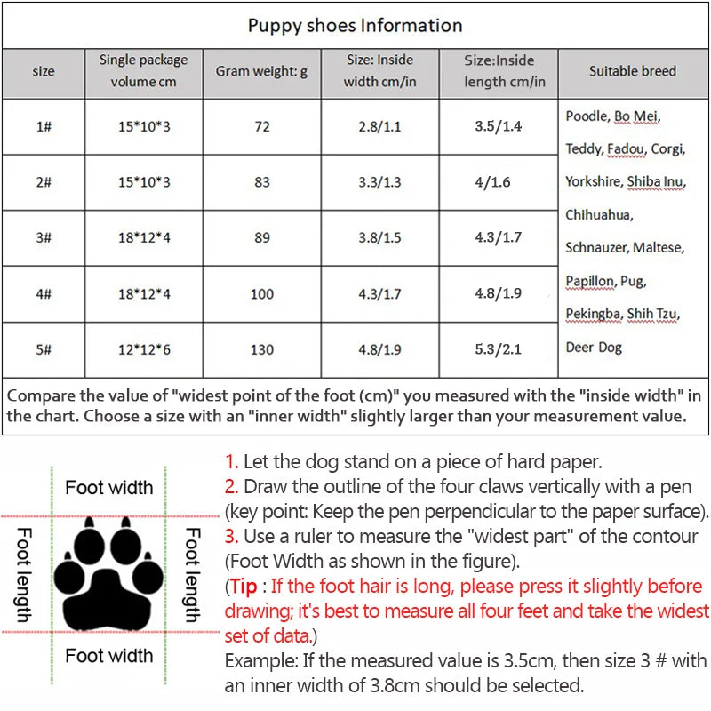 Table of puppy shoes information with size chart and measurement guide.