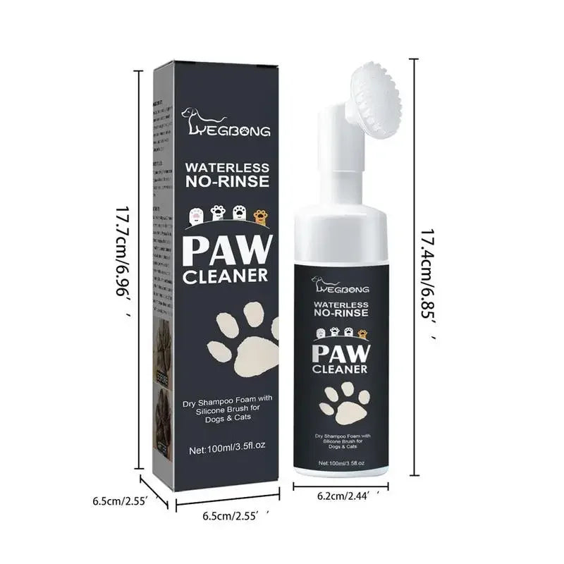 Dog paw cleaner with packaging and dimensions on a white background