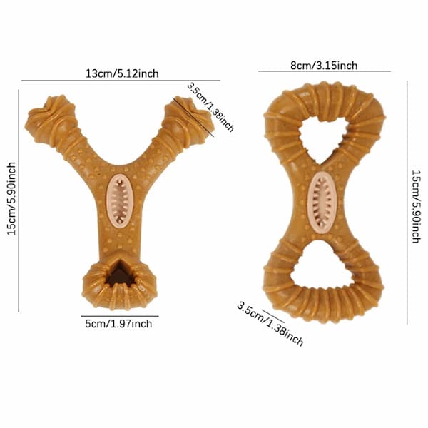 Two dog chew toys with measurements on a white background