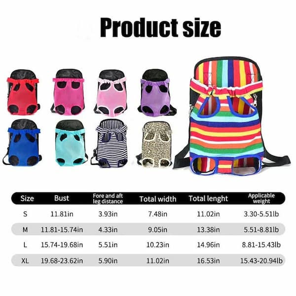 Product size chart for a colorful pet carrier with various sizes displayed.