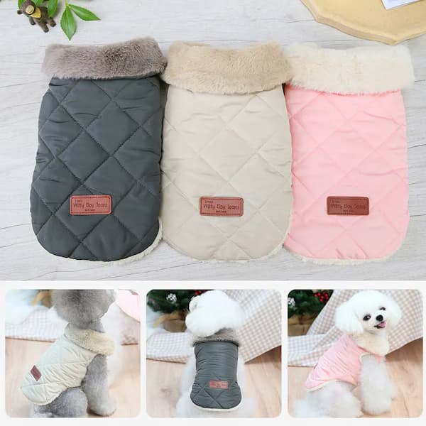 Three quilted dog coats in gray, beige, and pink with 'Every Day Wear' branding on a light wooden surface.