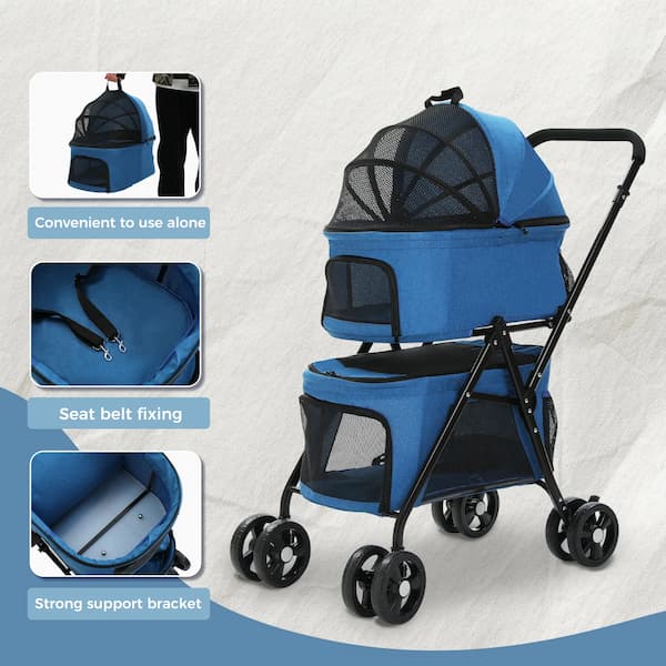 Blue pet stroller with features highlighted on a light gray background