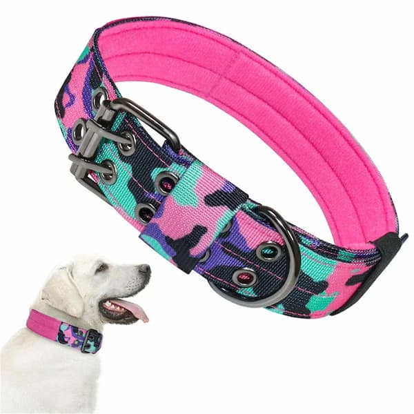 Dog collar with pink and multicolor camouflage pattern on a white background
