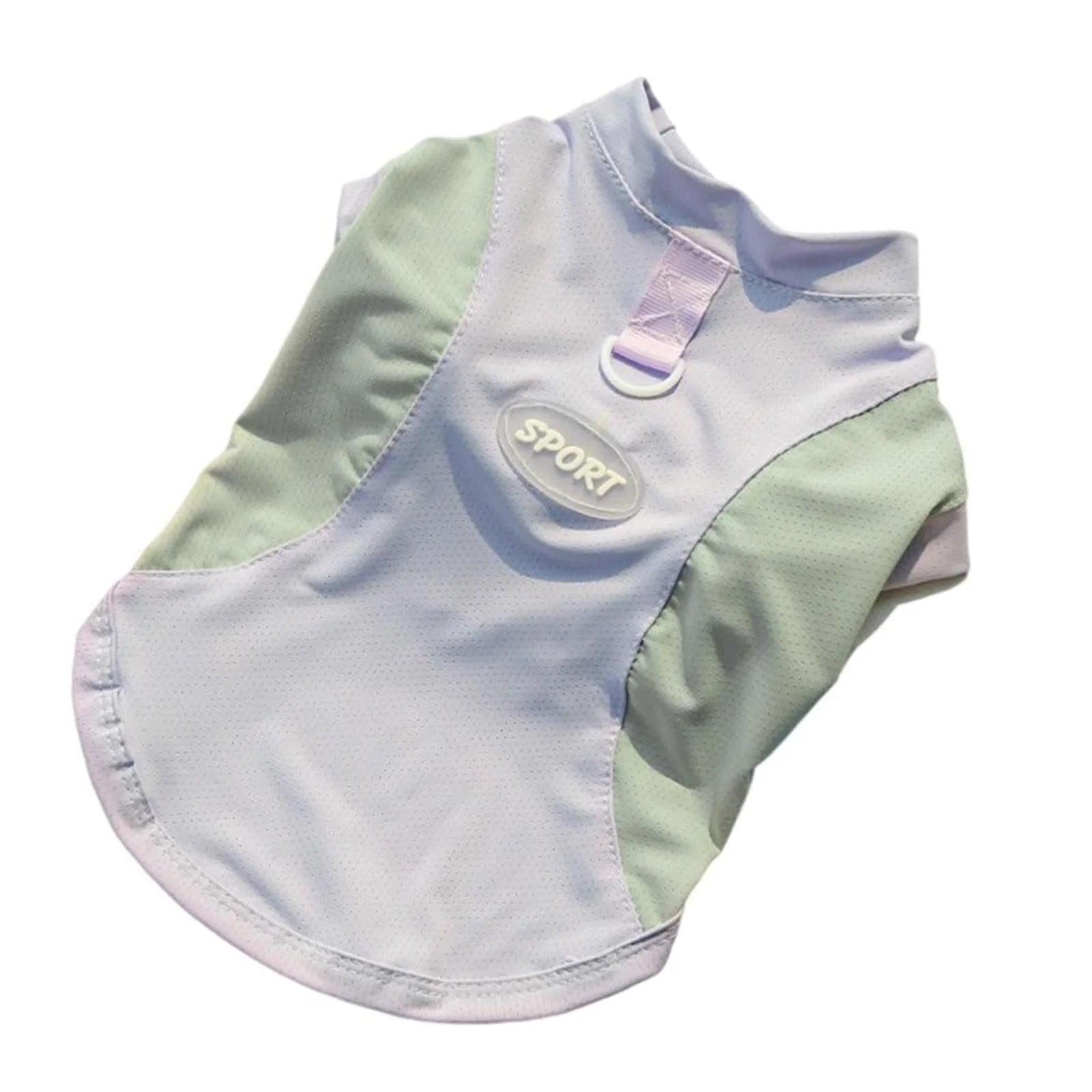 Light blue and green pet cooling vest with 'Sport' label on a white background