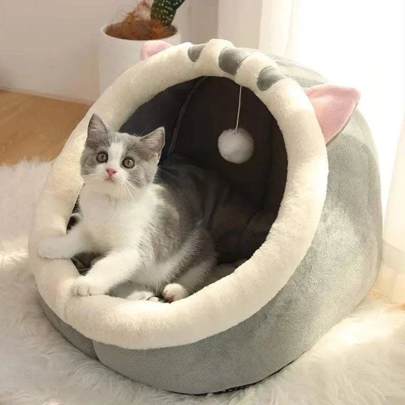 Round cat bed house with a cozy cave design, soft cushion, and tent structure, suitable for cats, kittens, and small dogs.