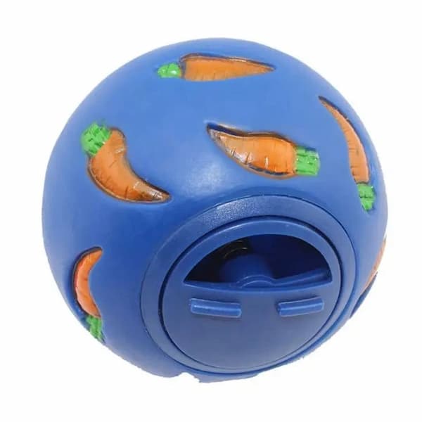 Blue ball-shaped pet toy with carrot designs on a white background