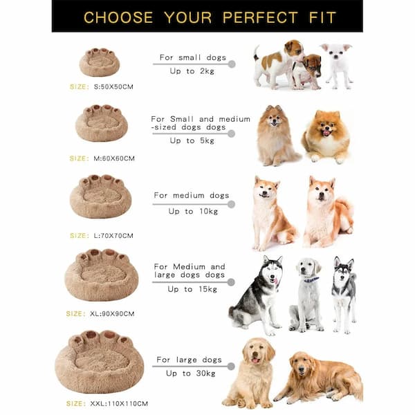 fluffy calming dog bed large plush pet sofa anti anxiety dog bed for dogs and cats showing sizes.