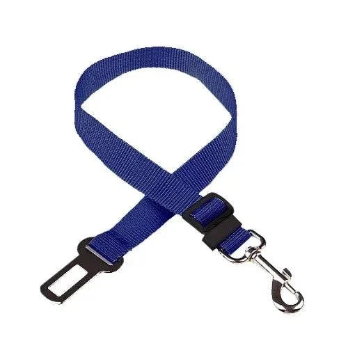 Adjustable Pet Car Seat Belt in use – dog sitting safely in a car with the seat belt attached to its harness."

