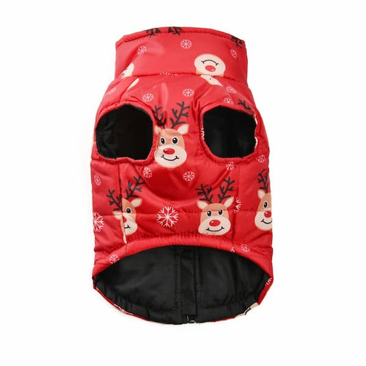 Red pet vest with reindeer pattern on a white background