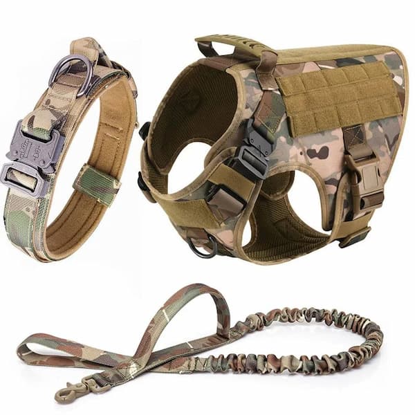 Camouflage dog harness, collar, and leash set on a white background