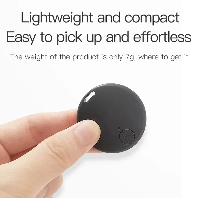 Black spherical product held in a hand with text highlighting its lightweight and compact nature.