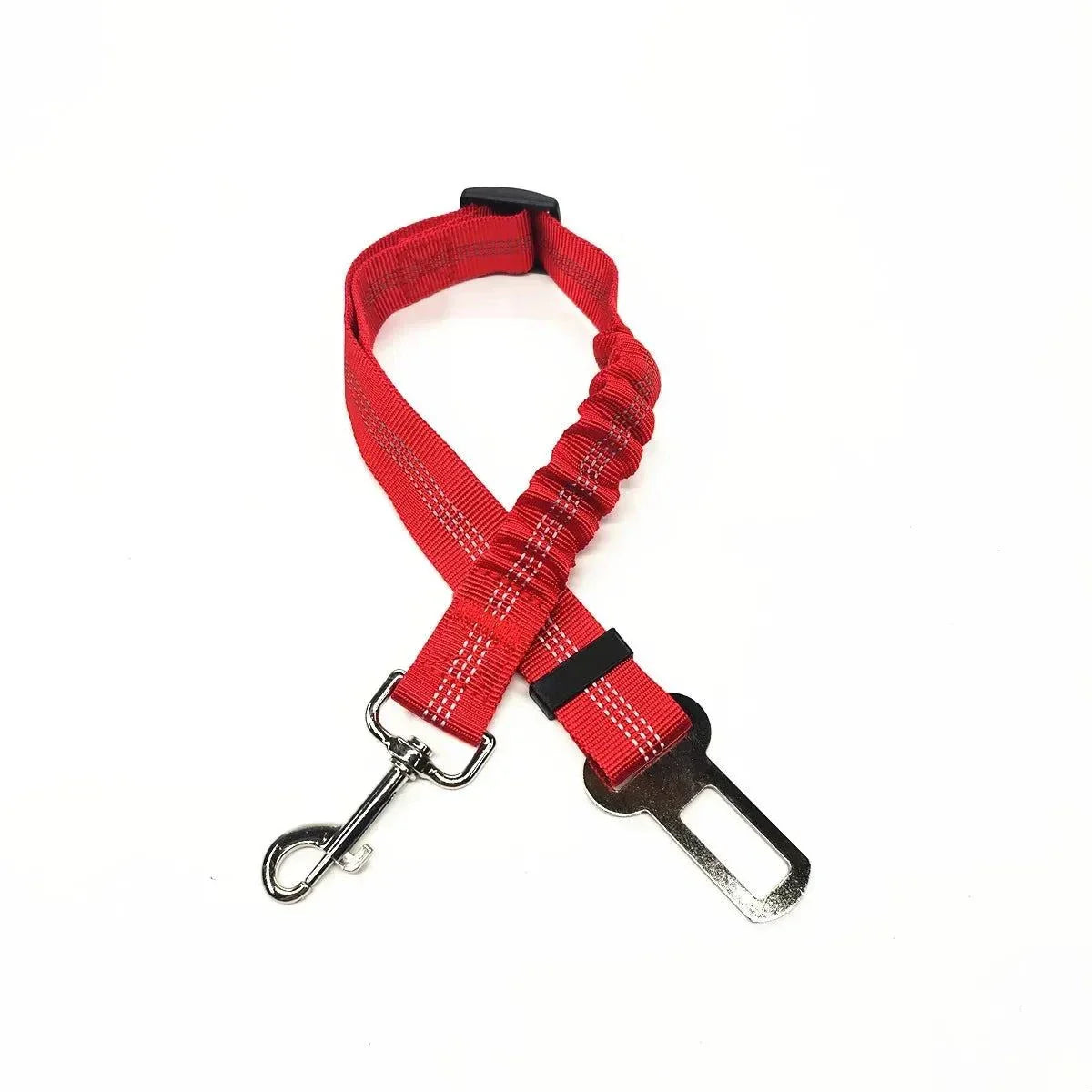 Adjustable Pet Car Seat Belt in use – dog sitting safely in a car with the seat belt attached to its harness."

