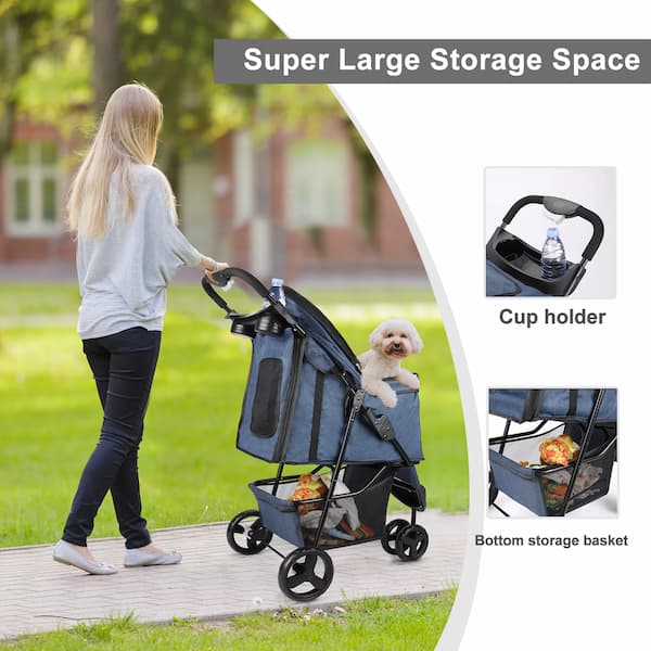 Woman pushing a pet stroller with a dog, highlighting the large storage space and cup holder.
