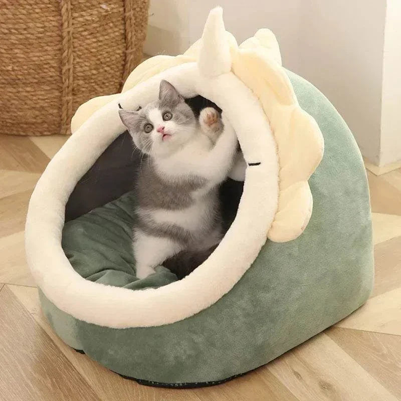 Round cat bed house with a cozy cave design, soft cushion, and tent structure, suitable for cats, kittens, and small dogs.