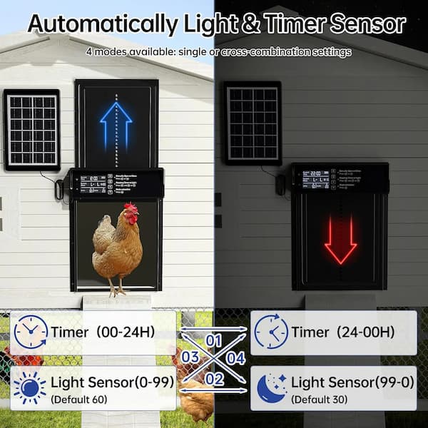Solar-powered chicken coop light with timer and light sensor controls on a gray background.