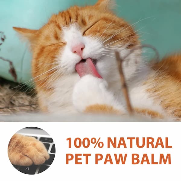Cat licking its paw with text '100% Natural Pet Paw Balm' below.