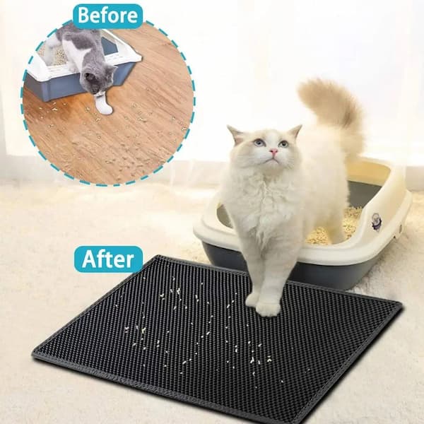 Cat using a black litter mat with 'Before' and 'After' labels showing a cleaner floor.