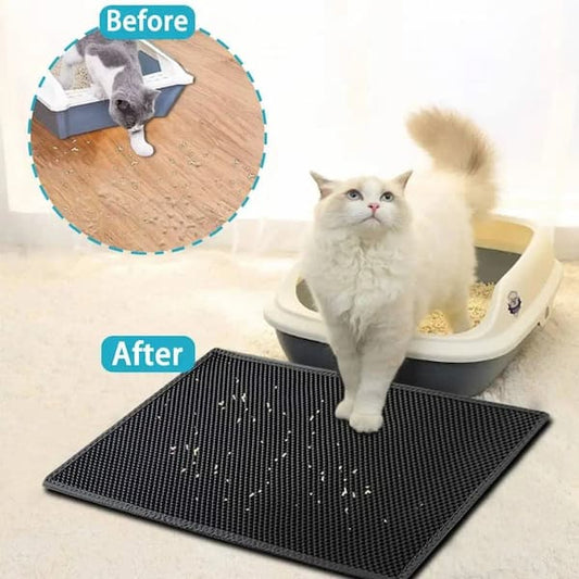 Cat using a black litter mat with 'Before' and 'After' labels showing a cleaner floor.
