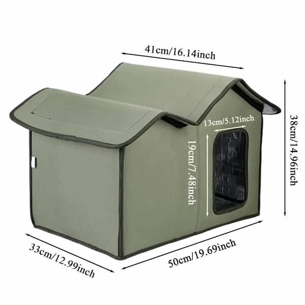 Green pet house with dimensions labeled on a white background