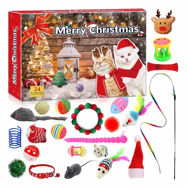 A festive cat Christmas advent calendar gift box featuring 24 colorful toys and surprises for cats, including plush mice, balls, and Christmas decorations.