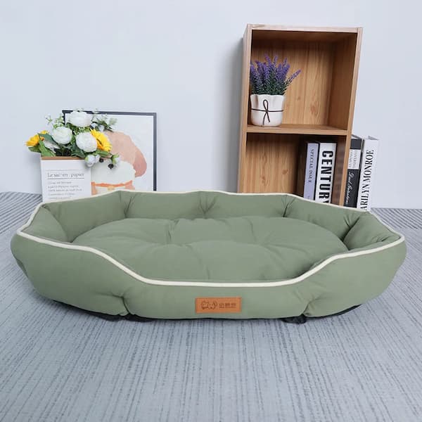 Green pet bed on a gray floor with a wooden bookshelf in the background