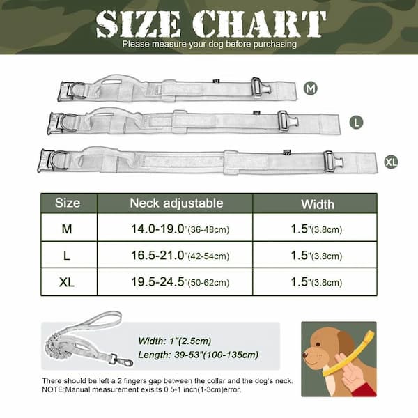 Dog collar size chart with measurements for neck adjustable and width.