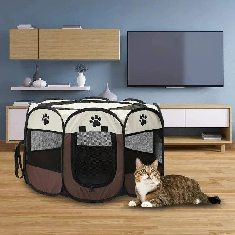 Portable folding pet tent with octagonal design, ideal as a puppy shelter or large outdoor cat fence for travel and home use.