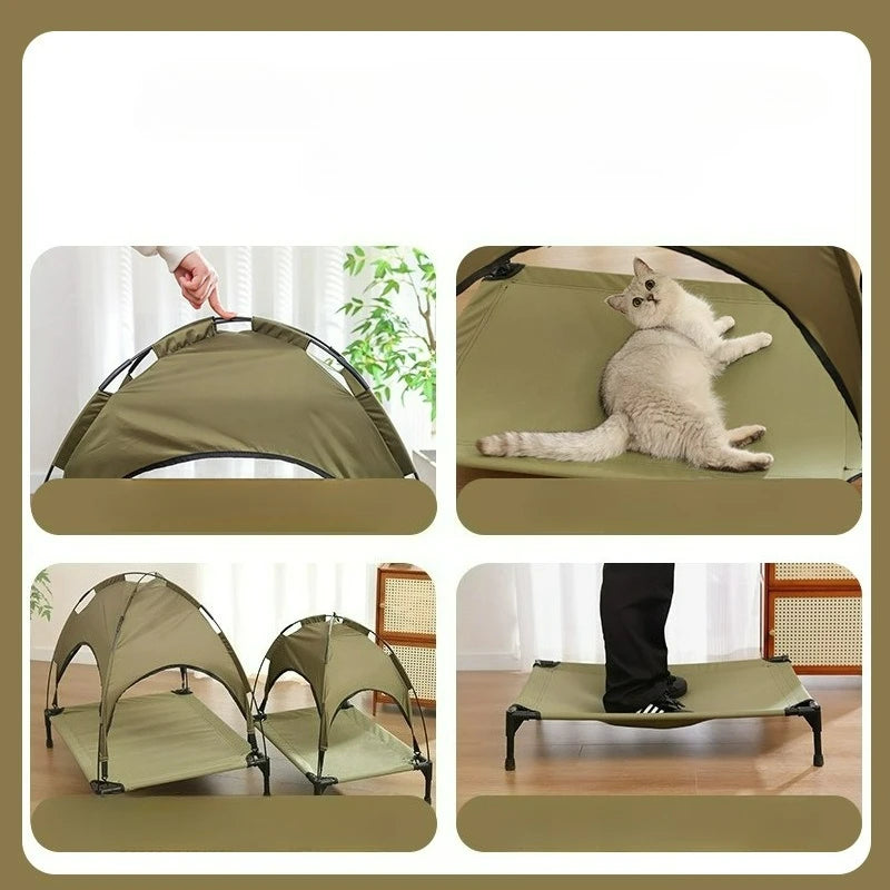 Collapsible pet bed being set up and used by a cat indoors.