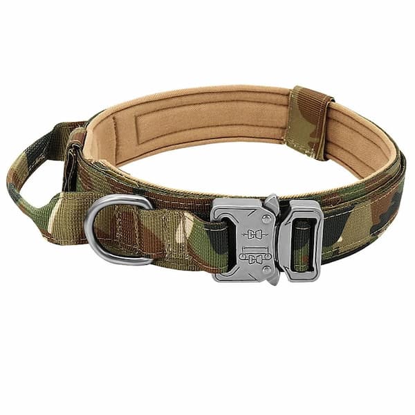 Camouflage dog tactical collar with metal buckle on a white background