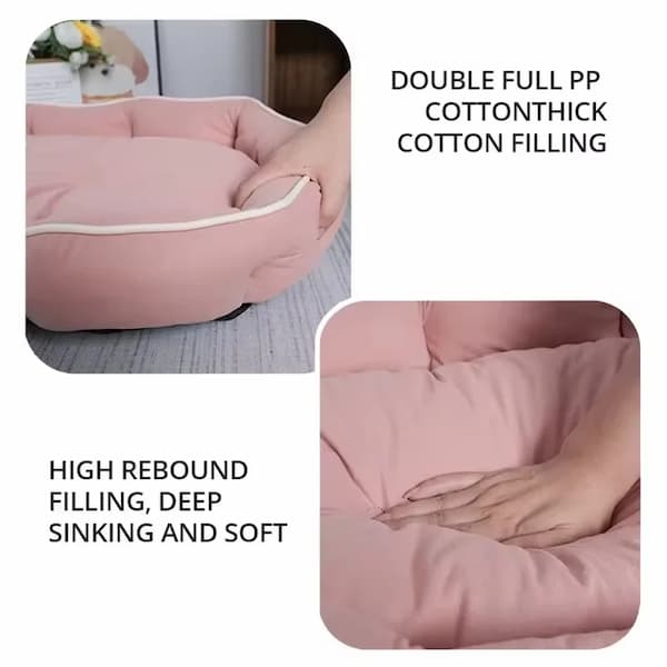 Pink pet bed with text highlighting double full PP cotton thick filling, high rebound filling, deep sinking, and soft texture.