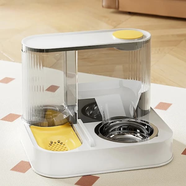 Pet feeding and water station with yellow accents on a wooden floor.