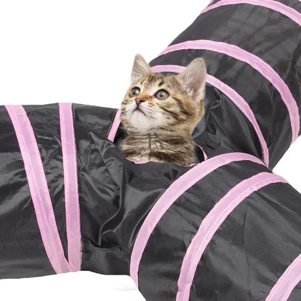 Foldable pet tunnel in durable fabric, suitable for cats, rabbits, and guinea pigs. Features multiple openings for interactive play and is easy to store.