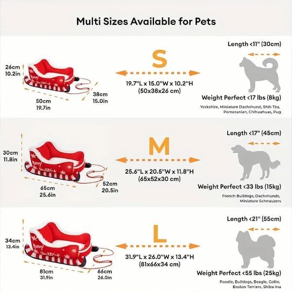 Size chart for pet sleigh bed with dimensions and weight ranges.