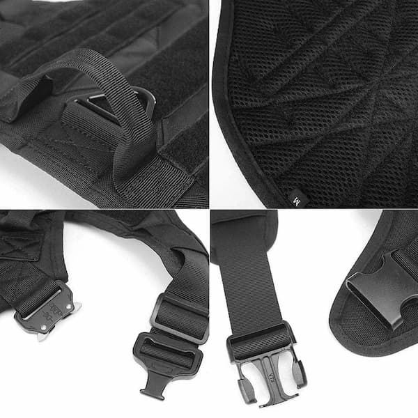 Collage of close-up details of a black tactical vest including straps and mesh material.