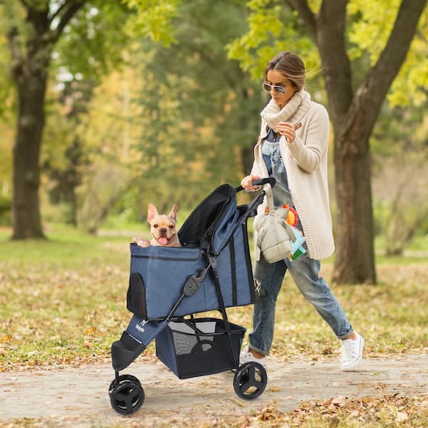 Woman pushing a pet stroller with a dog in it through a park.