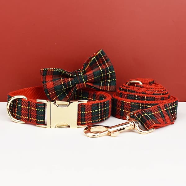 Red and black plaid dog collar, bow tie, and leash on a white surface with a red background