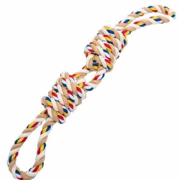 Colorful braided rope toy on a white background
