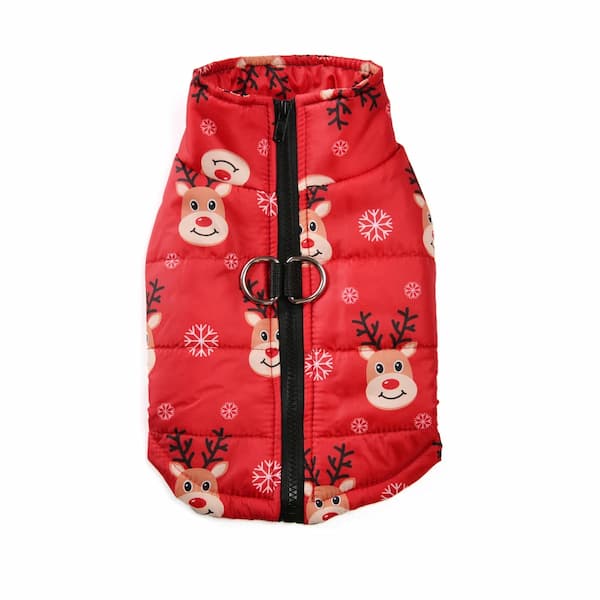 Red dog coat with reindeer pattern on a white background