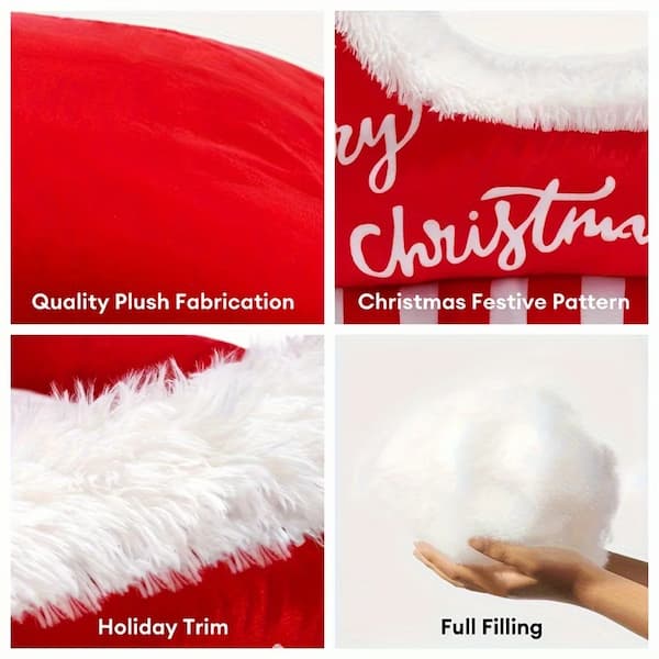Product features including quality plush fabric, Christmas festive pattern, holiday trim, and full filling.