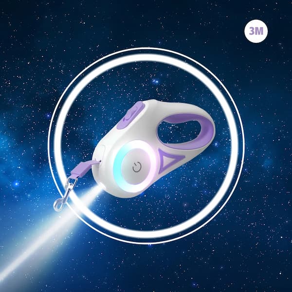 Purple LED retractable dog leash with built-in flashlight and rechargeable USB charging cable
