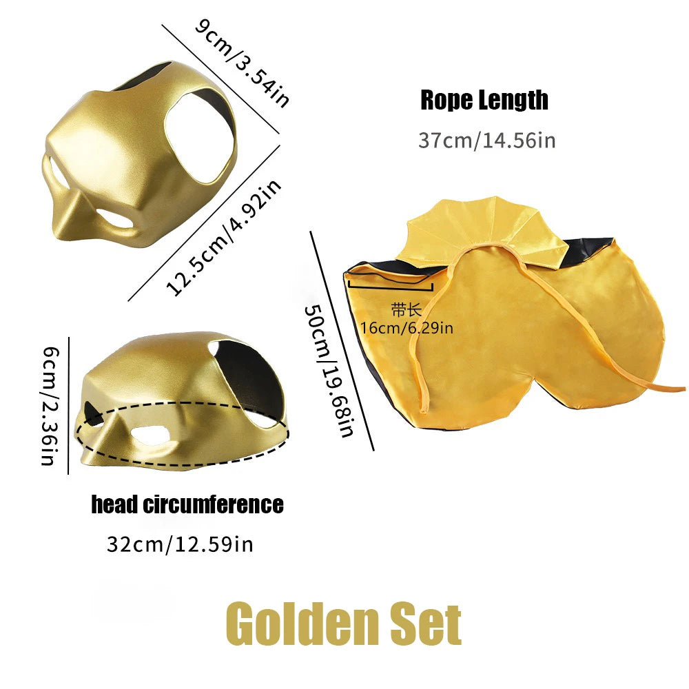 Gold satin masquerade mask set with rope, shown with dimension labels for head circumference, rope length, and strap measurements on a white background.