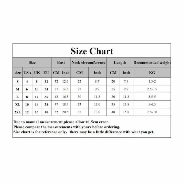 Size chart for clothing measurements on a white background