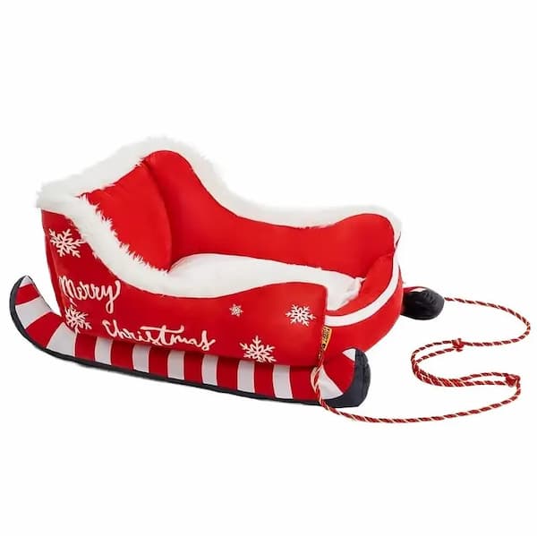 Red and white Christmas-themed inflatable sled on a white background