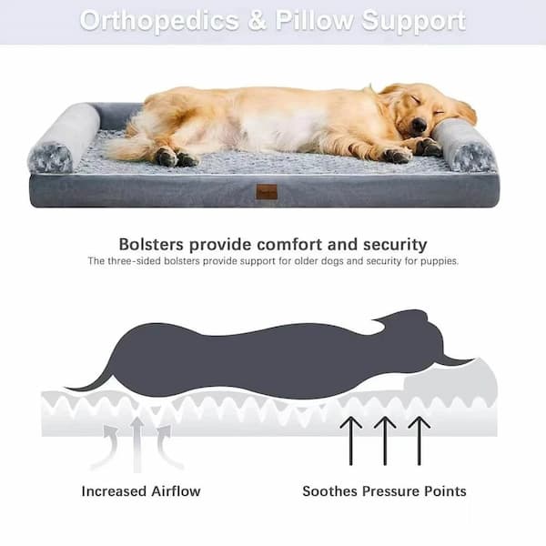 Dog lying on a orthopedic pillow with text highlighting features like comfort, security, increased airflow, and pressure point soothing.