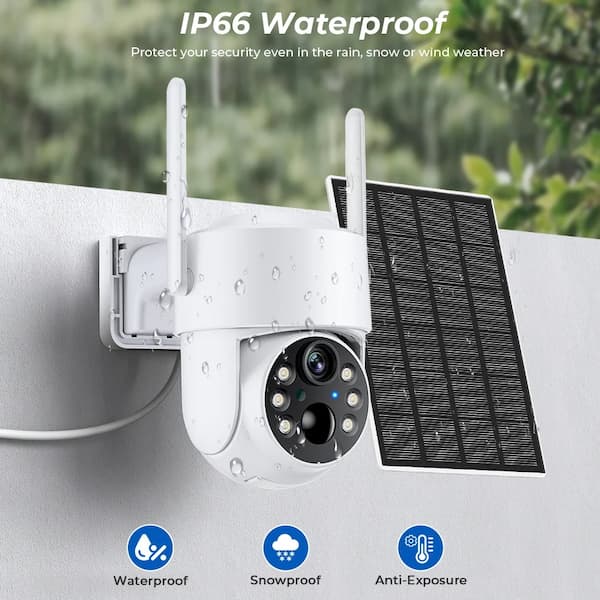Solar-powered security camera with IP66 waterproof rating on a wall.