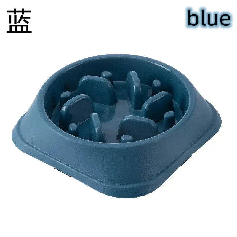 Anti-choking slow feeding bowl in blue for dogs and cats, promotes healthy eating.