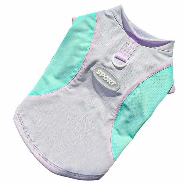 Pet cooling vest with teal and gray design on a white background