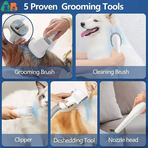 ATUBAN pet grooming vacuum kit with brush attachments designed to remove loose pet hair while grooming dogs and cats